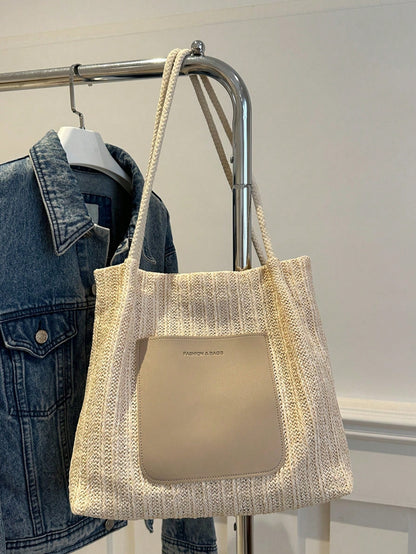 Livesso Summer Hot-Selling Straw Woven Tote Bag For Women, Sweet Style, Large Capacity, Minimalist Fresh Design, Shoulder Bag, Straw Fabric With PU Material