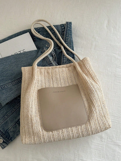 Livesso Summer Hot-Selling Straw Woven Tote Bag For Women, Sweet Style, Large Capacity, Minimalist Fresh Design, Shoulder Bag, Straw Fabric With PU Material