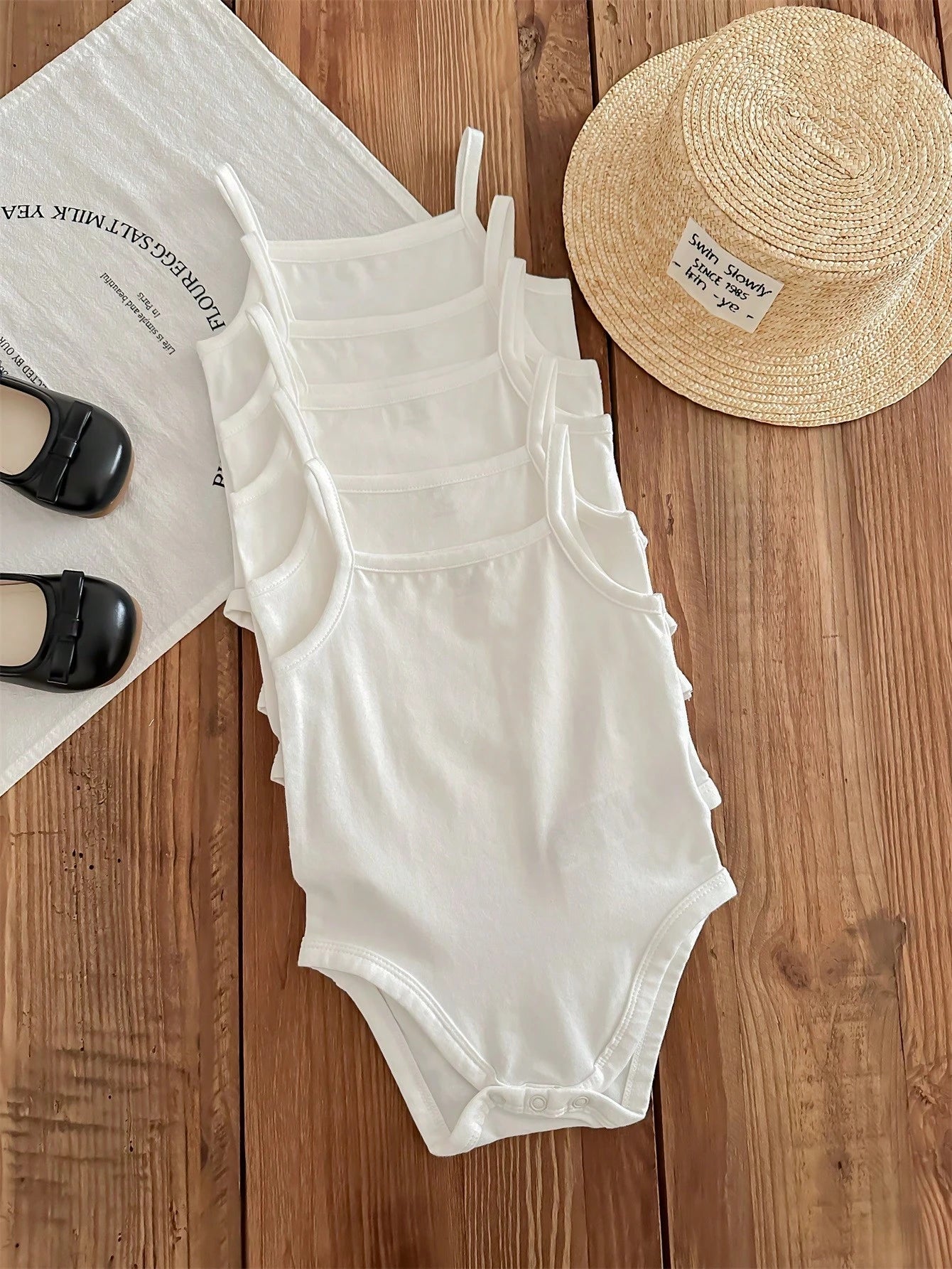 LMoss Kids 5pcs/Set Baby Girl 5 Pieces Casual Simple Knitting Soft Stretchy Solid Color Spaghetti Strap Bodysuit, Suitable For Summer