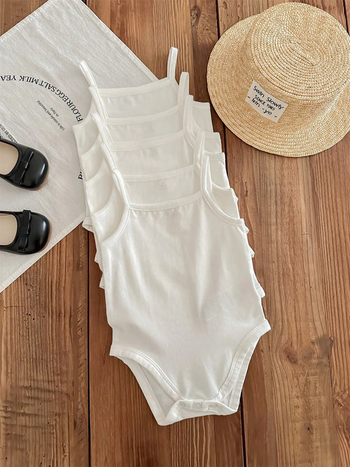 LMoss Kids 5pcs/Set Baby Girl 5 Pieces Casual Simple Knitting Soft Stretchy Solid Color Spaghetti Strap Bodysuit, Suitable For Summer