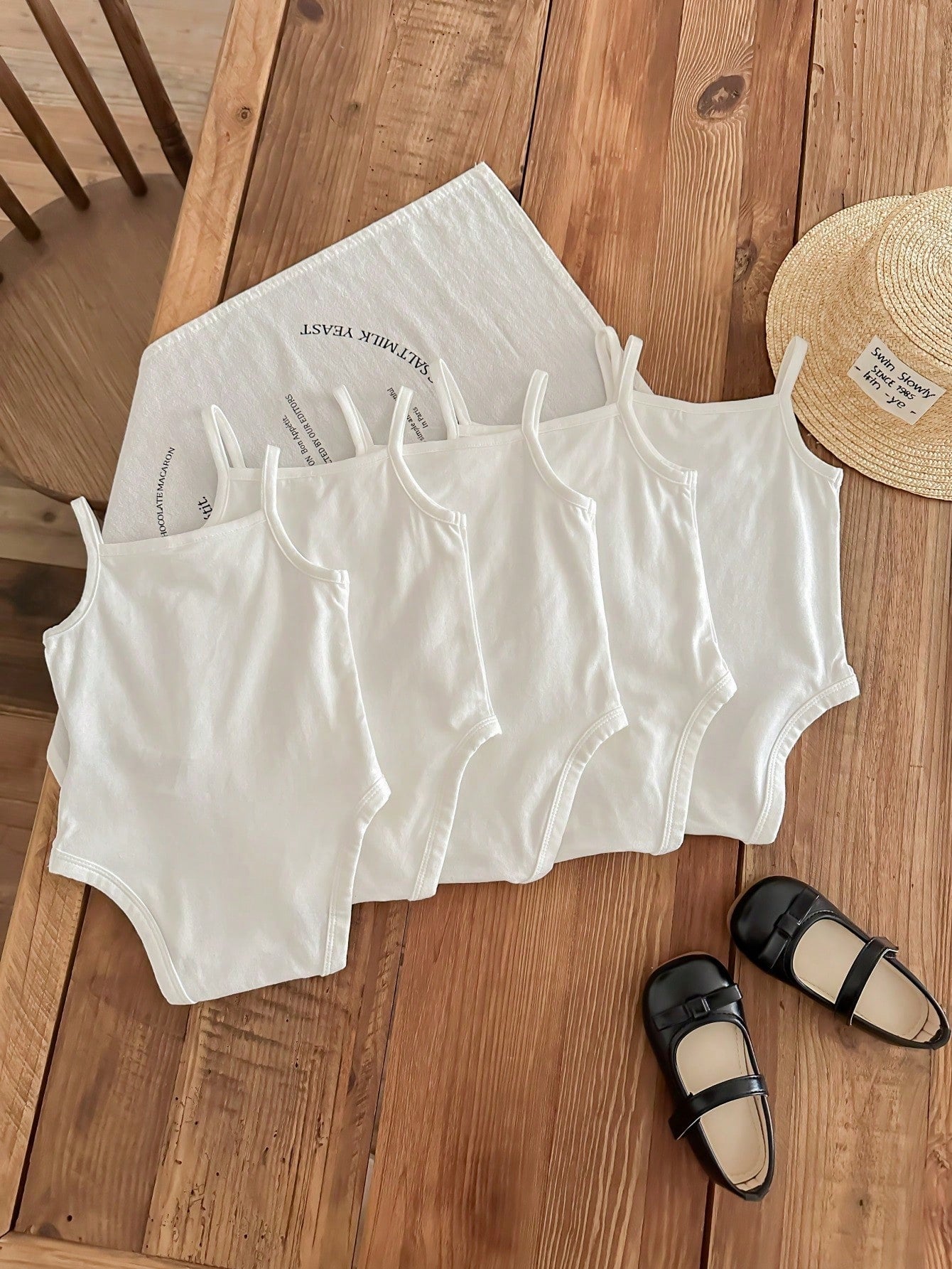LMoss Kids 5pcs/Set Baby Girl 5 Pieces Casual Simple Knitting Soft Stretchy Solid Color Spaghetti Strap Bodysuit, Suitable For Summer