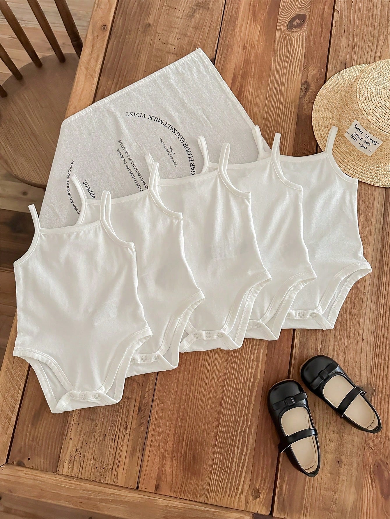 LMoss Kids 5pcs/Set Baby Girl 5 Pieces Casual Simple Knitting Soft Stretchy Solid Color Spaghetti Strap Bodysuit, Suitable For Summer