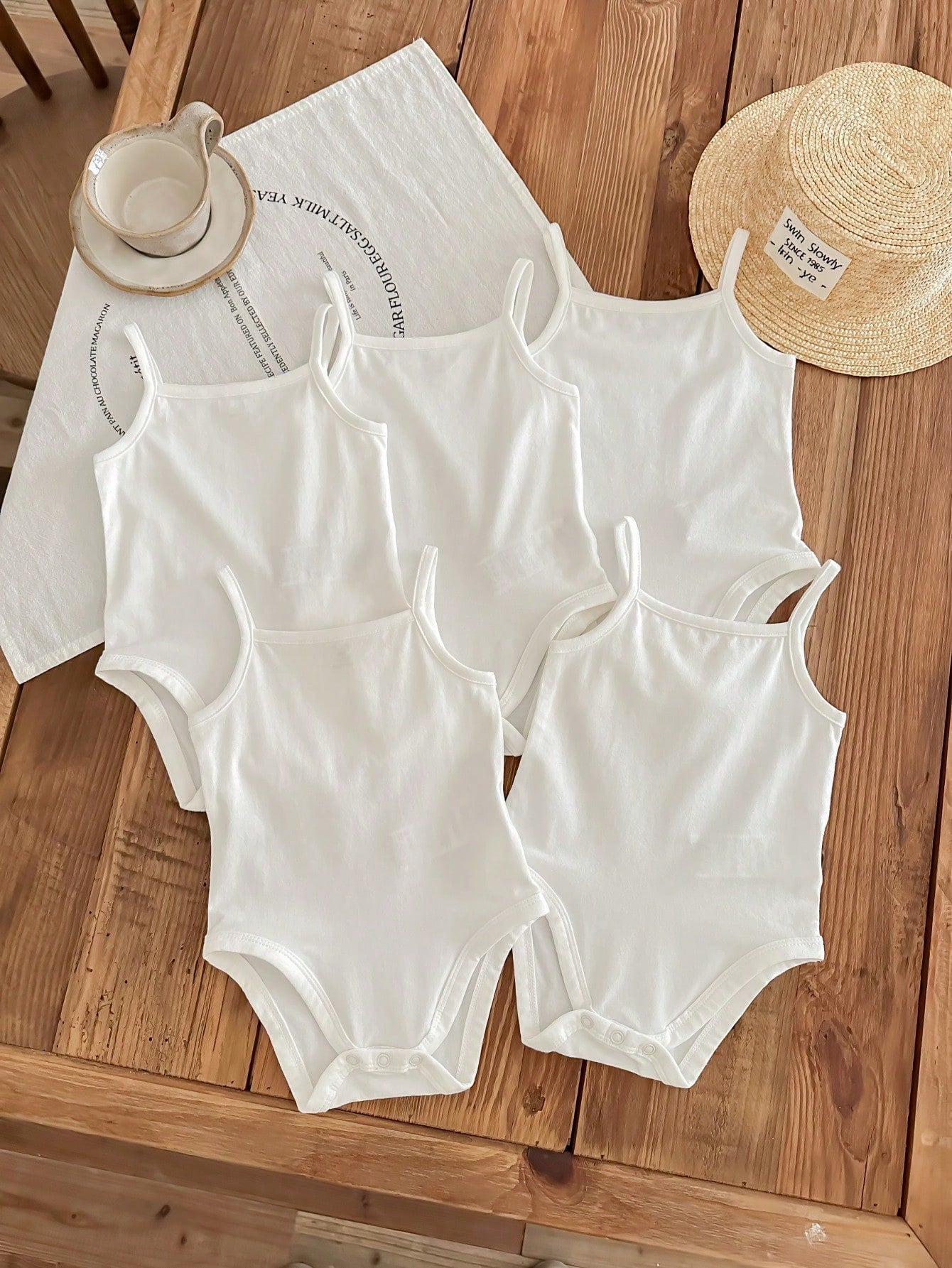 LMoss Kids 5pcs/Set Baby Girl 5 Pieces Casual Simple Knitting Soft Stretchy Solid Color Spaghetti Strap Bodysuit, Suitable For Summer