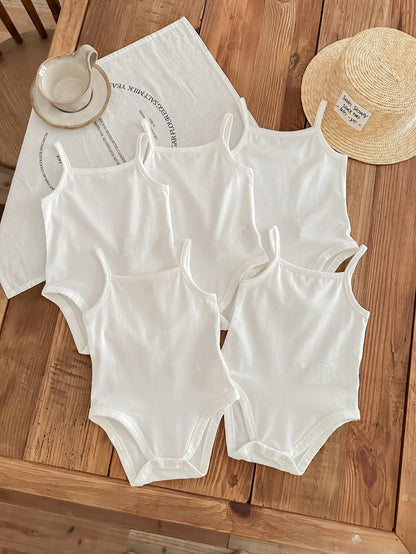 LMoss Kids 5pcs/Set Baby Girl 5 Pieces Casual Simple Knitting Soft Stretchy Solid Color Spaghetti Strap Bodysuit, Suitable For Summer