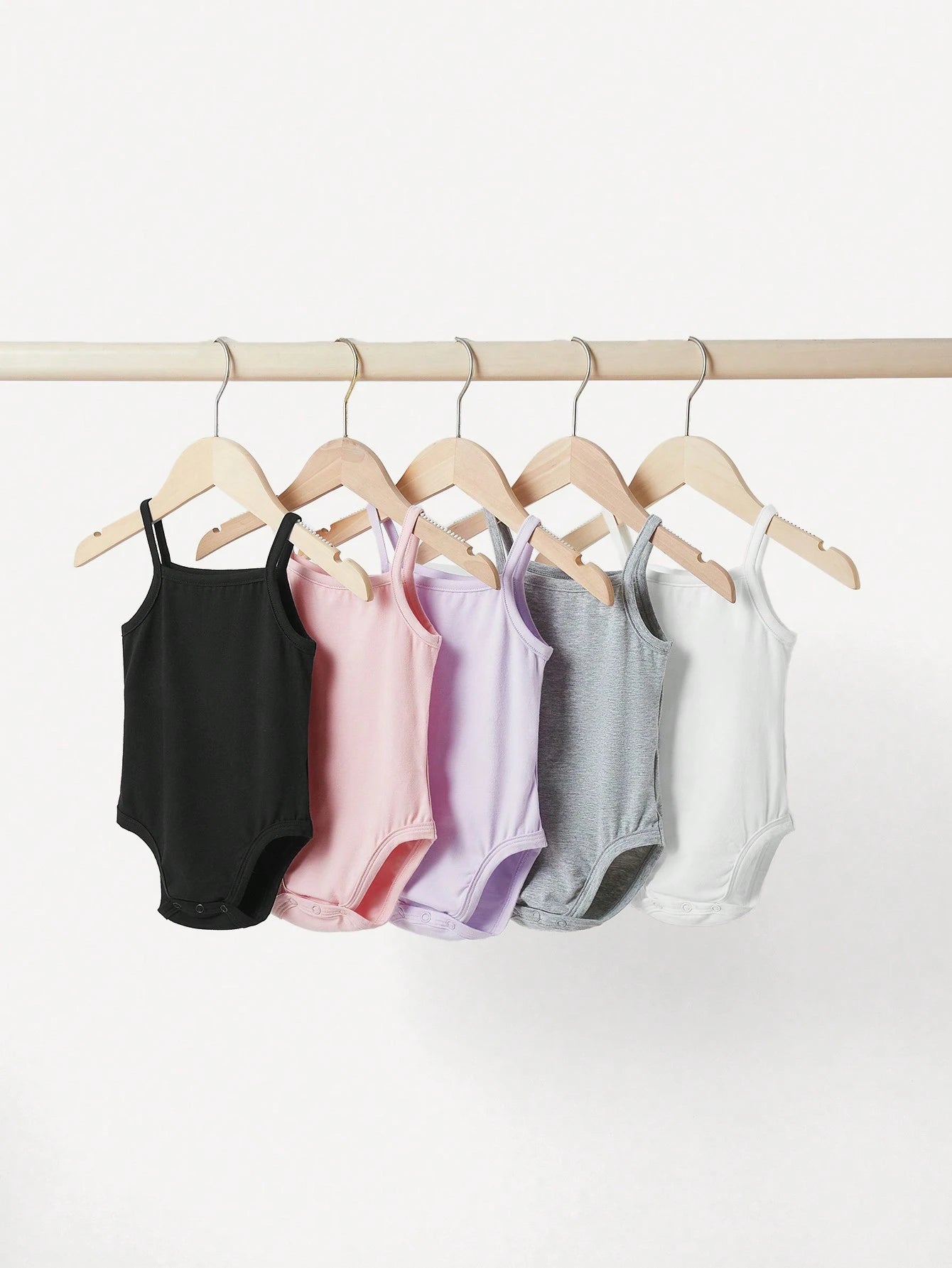 LMoss Kids 5pcs/Set Baby Girl 5 Pieces Casual Simple Knitting Soft Stretchy Solid Color Spaghetti Strap Bodysuit, Suitable For Summer