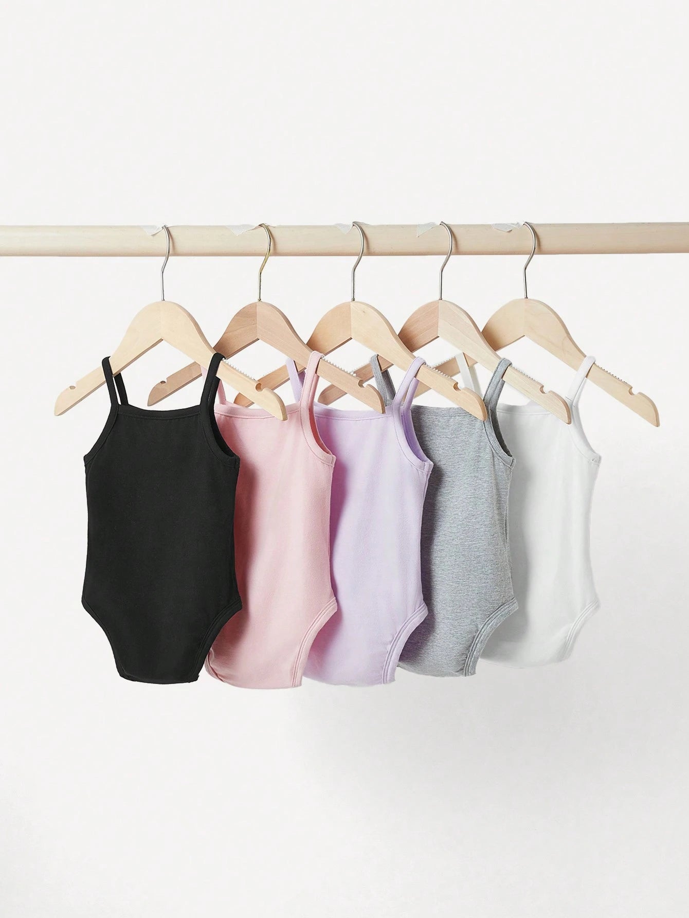 LMoss Kids 5pcs/Set Baby Girl 5 Pieces Casual Simple Knitting Soft Stretchy Solid Color Spaghetti Strap Bodysuit, Suitable For Summer