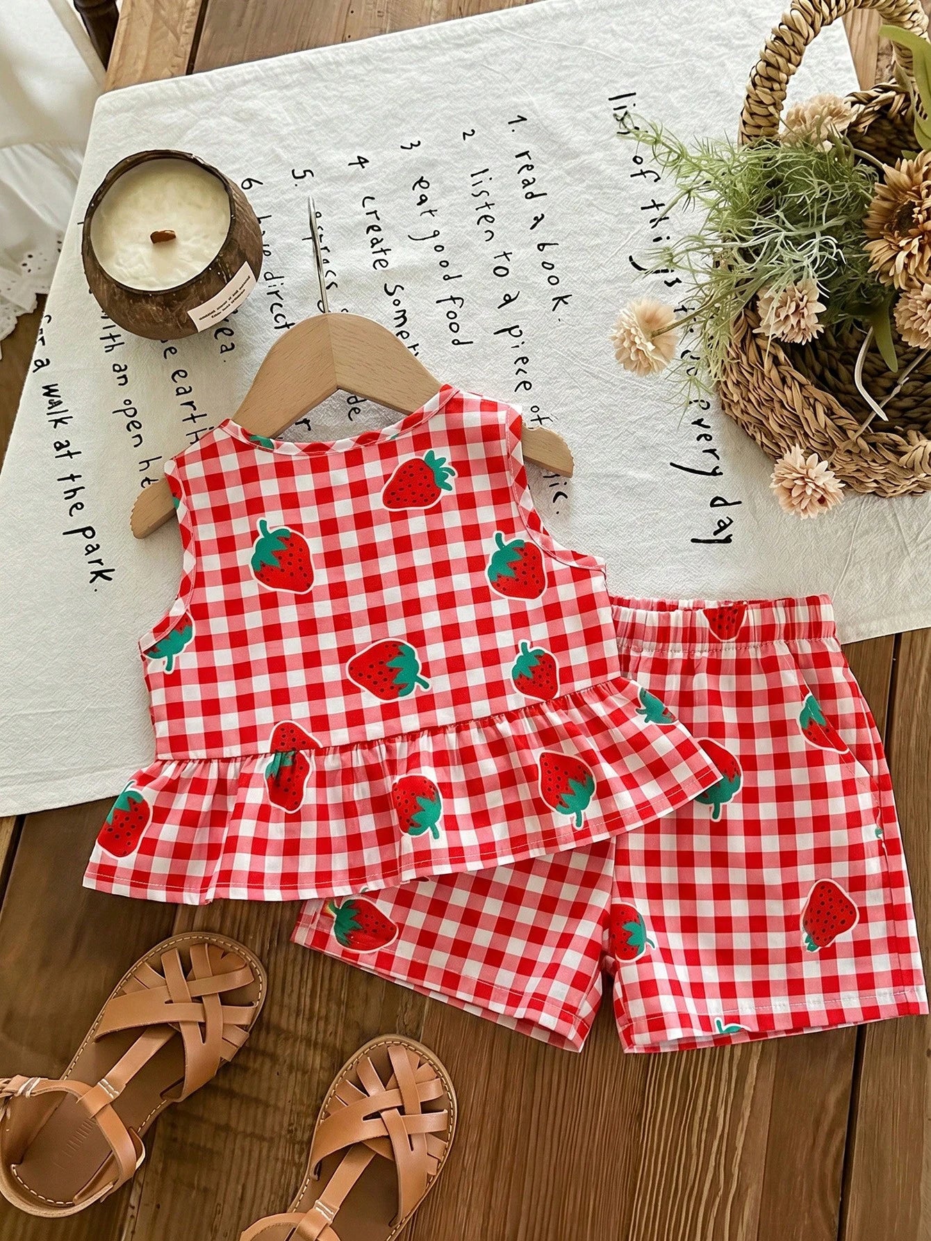 LMoss Kids Baby Girl Plaid Strawberry Print Ruffle Top And Shorts Casual Daily Outfit