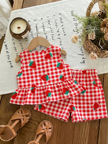 LMoss Kids Baby Girl Plaid Strawberry Print Ruffle Top And Shorts Casual Daily Outfit