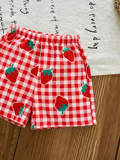 LMoss Kids Baby Girl Plaid Strawberry Print Ruffle Top And Shorts Casual Daily Outfit
