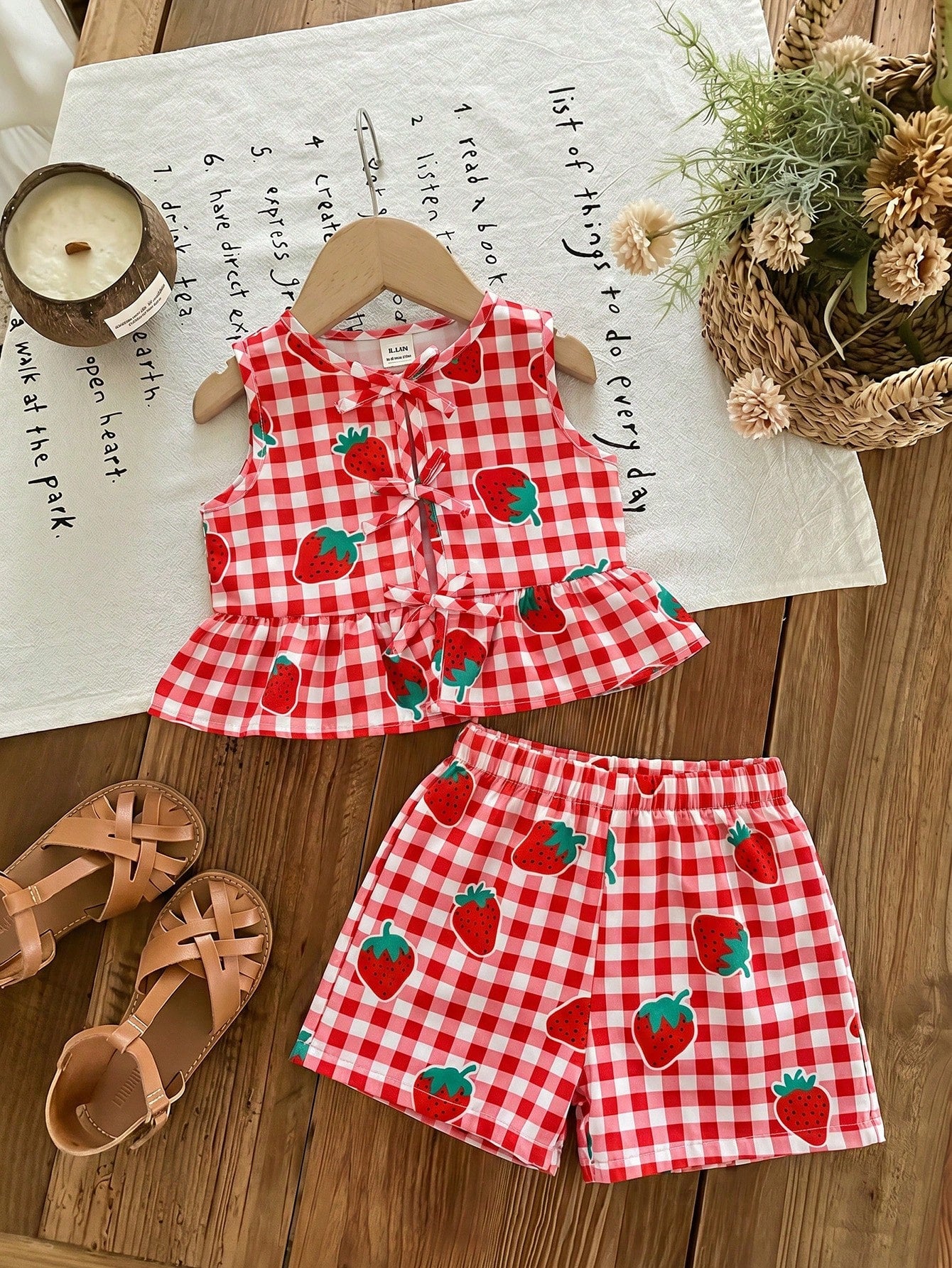 LMoss Kids Baby Girl Plaid Strawberry Print Ruffle Top And Shorts Casual Daily Outfit