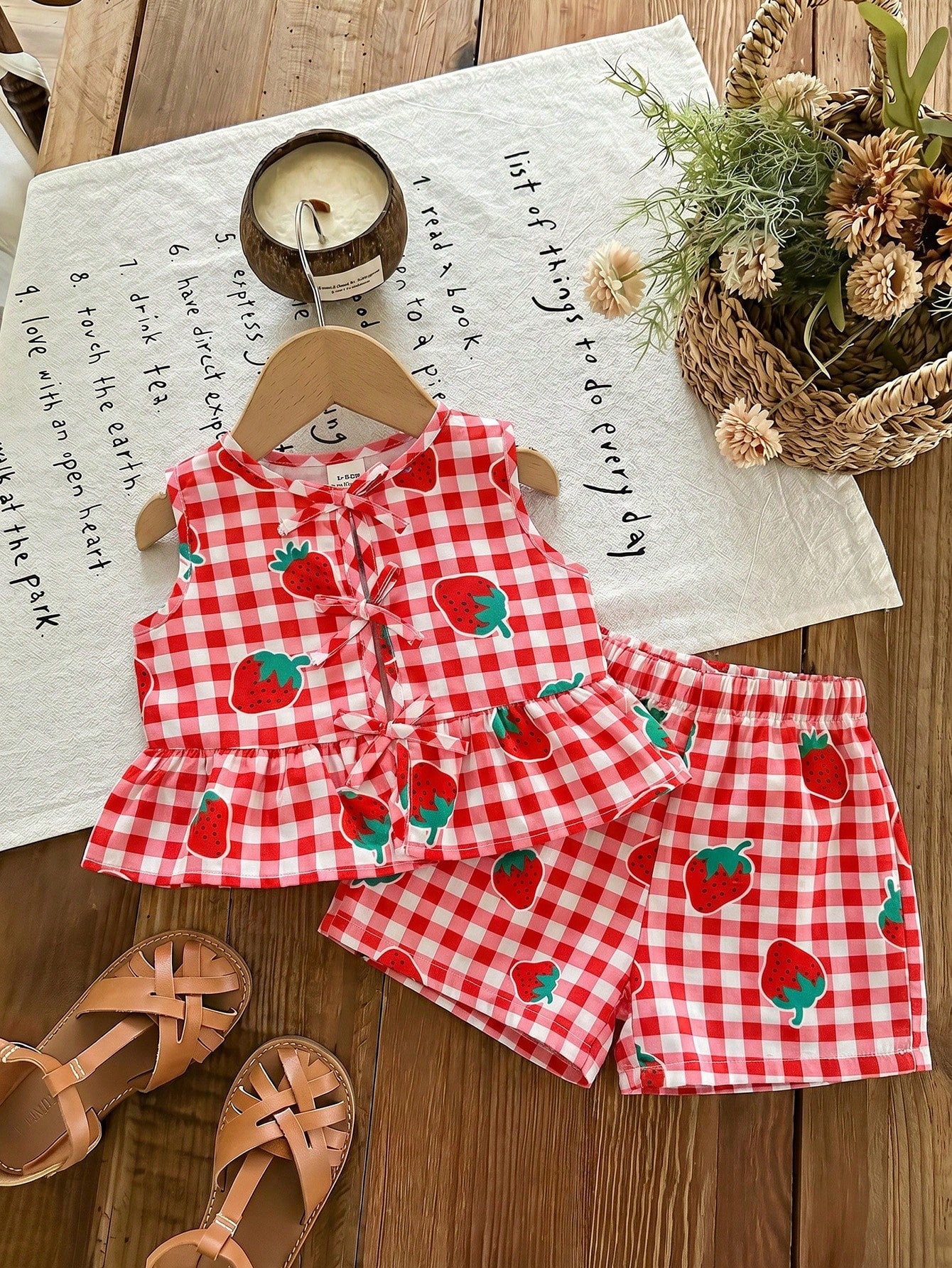 LMoss Kids Baby Girl Plaid Strawberry Print Ruffle Top And Shorts Casual Daily Outfit