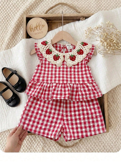LMoss Kids Baby Girl Plaid Strawberry Print Ruffle Top And Shorts Casual Daily Outfit