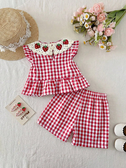 LMoss Kids Baby Girl Plaid Strawberry Print Ruffle Top And Shorts Casual Daily Outfit