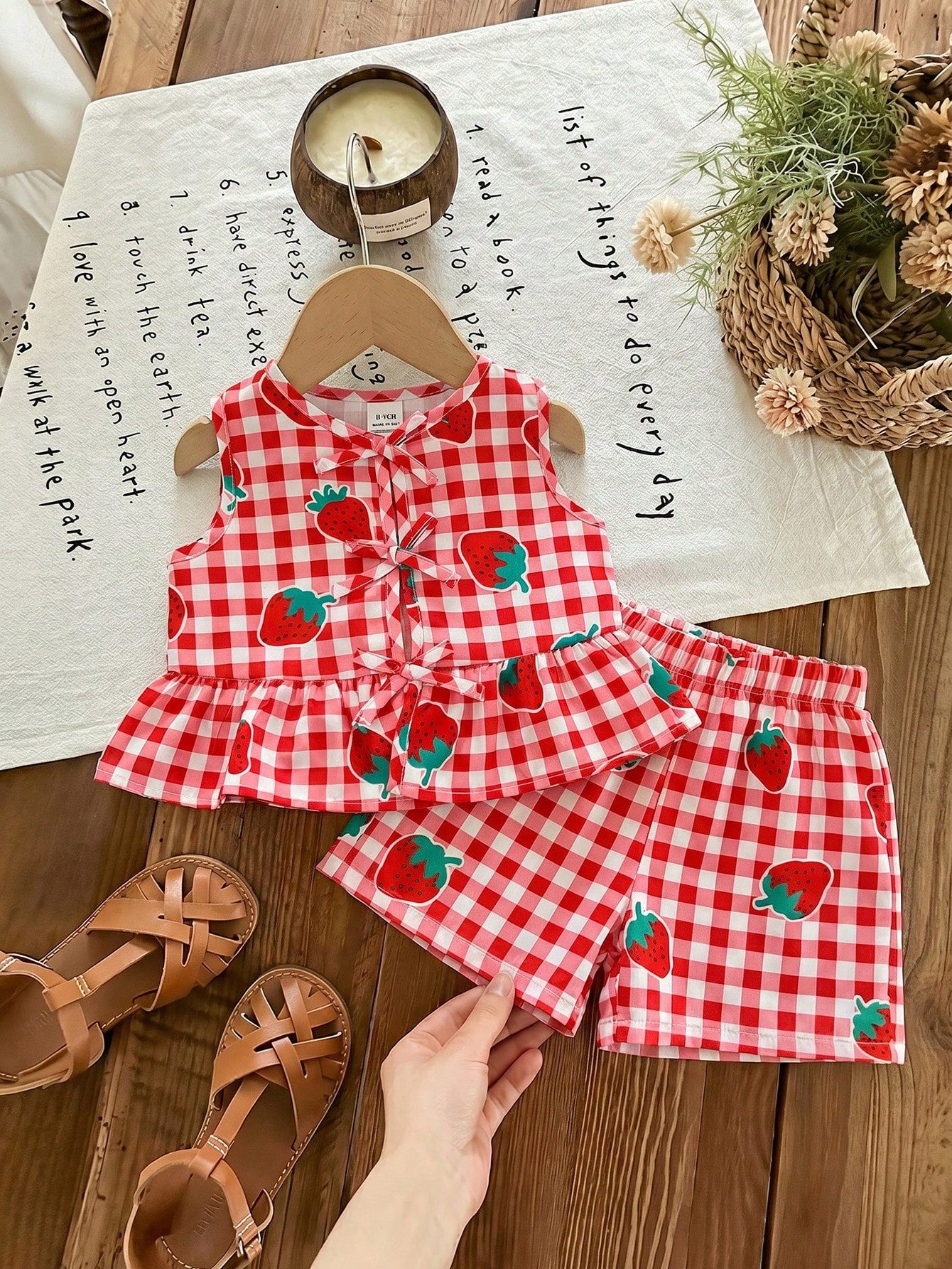 LMoss Kids Baby Girl Plaid Strawberry Print Ruffle Top And Shorts Casual Daily Outfit