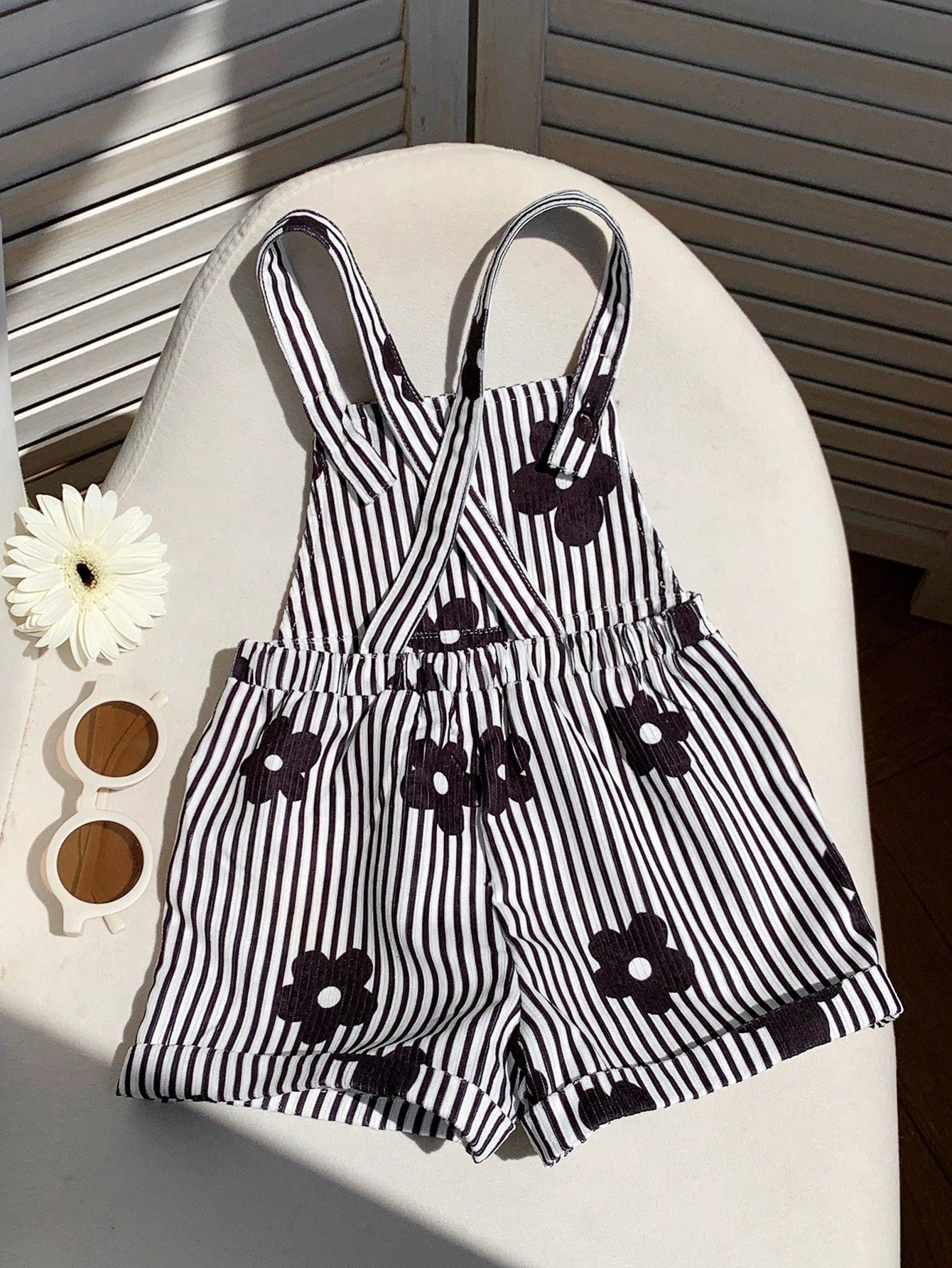 LMoss Kids Baby Girl Woven Striped Floral Print Suspender Romper