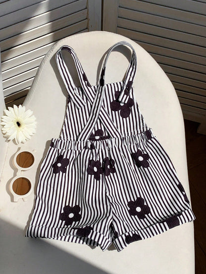 LMoss Kids Baby Girl Woven Striped Floral Print Suspender Romper