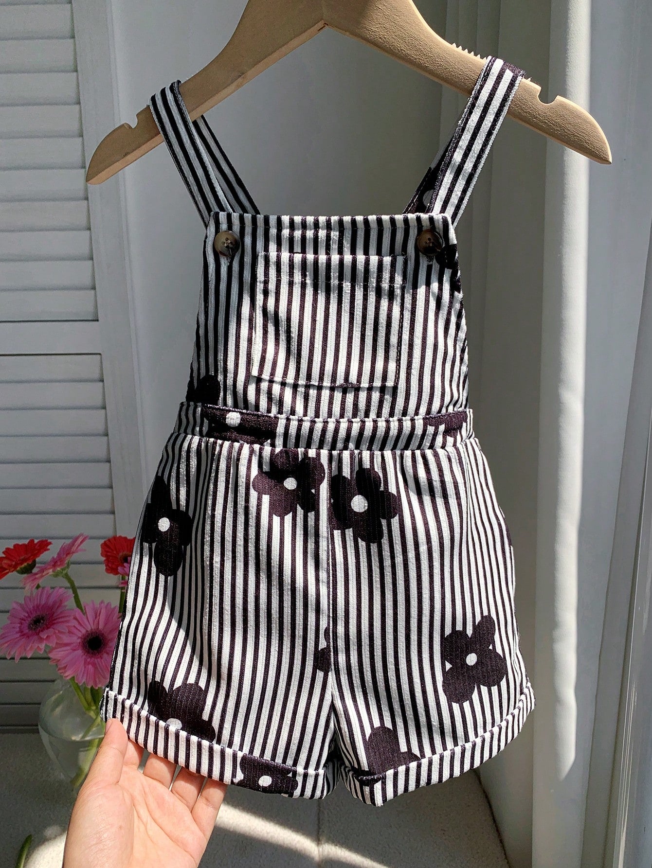 LMoss Kids Baby Girl Woven Striped Floral Print Suspender Romper