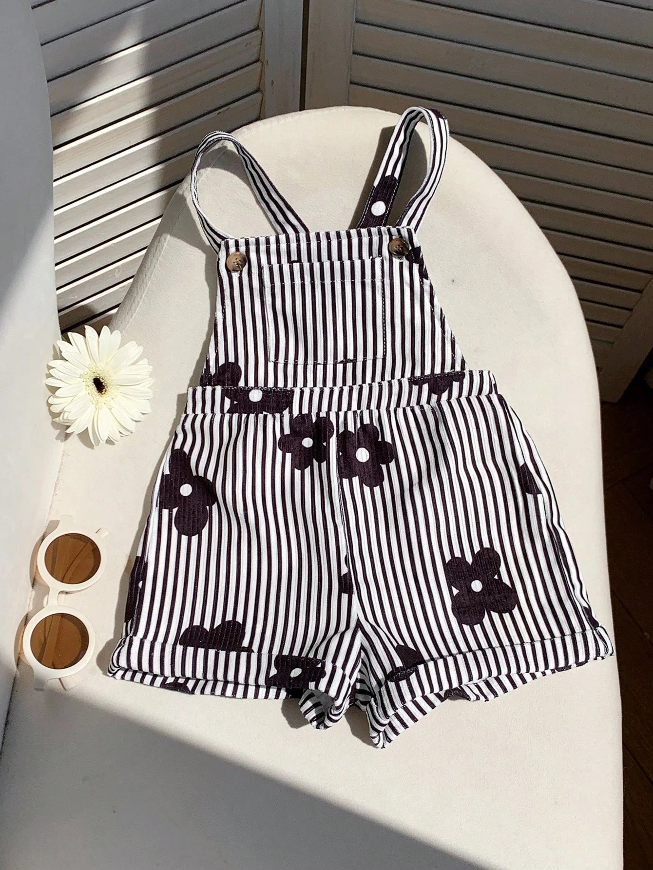 LMoss Kids Baby Girl Woven Striped Floral Print Suspender Romper