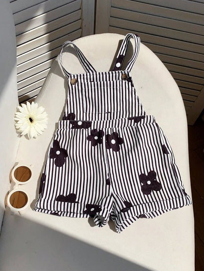 LMoss Kids Baby Girl Woven Striped Floral Print Suspender Romper