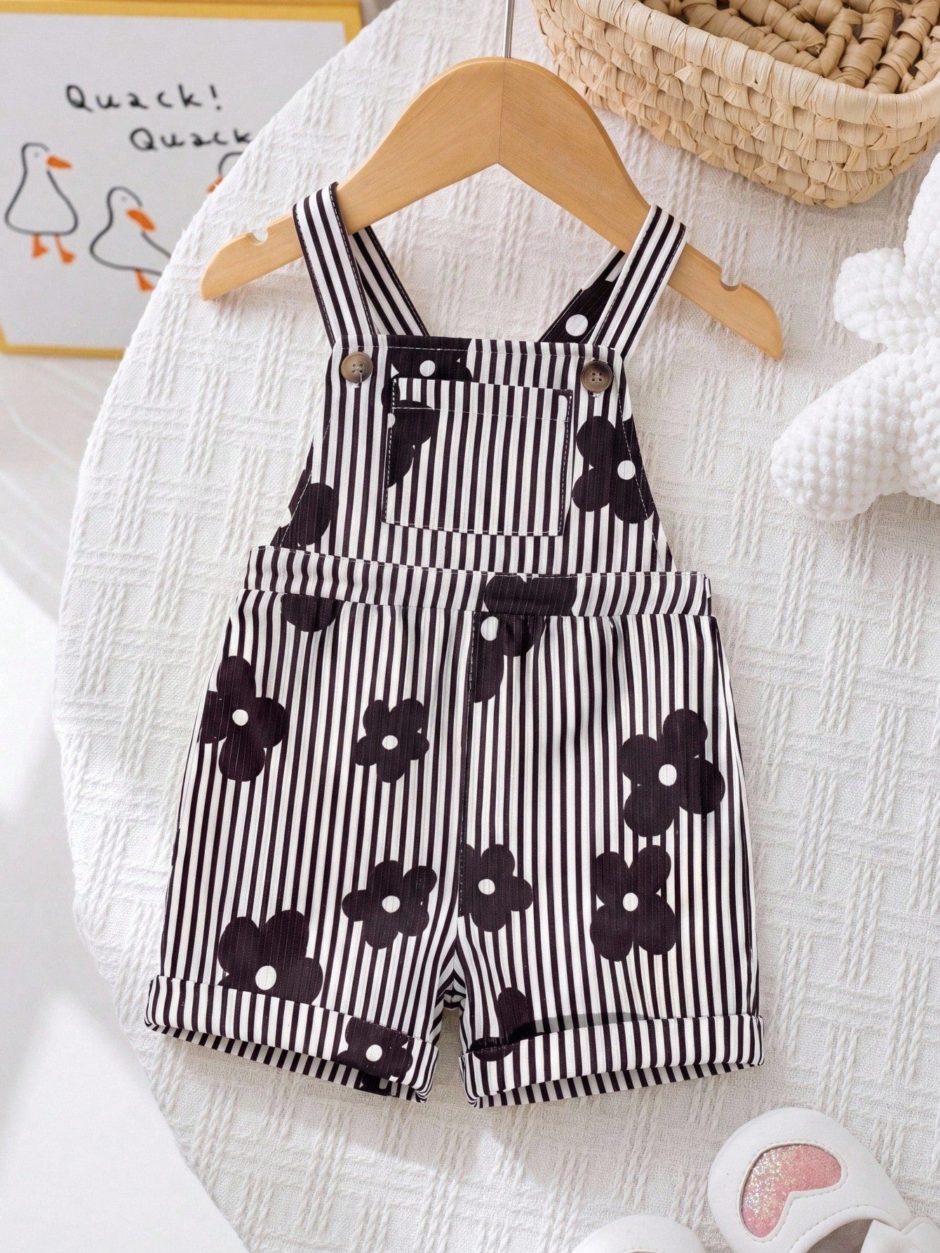 LMoss Kids Baby Girl Woven Striped Floral Print Suspender Romper