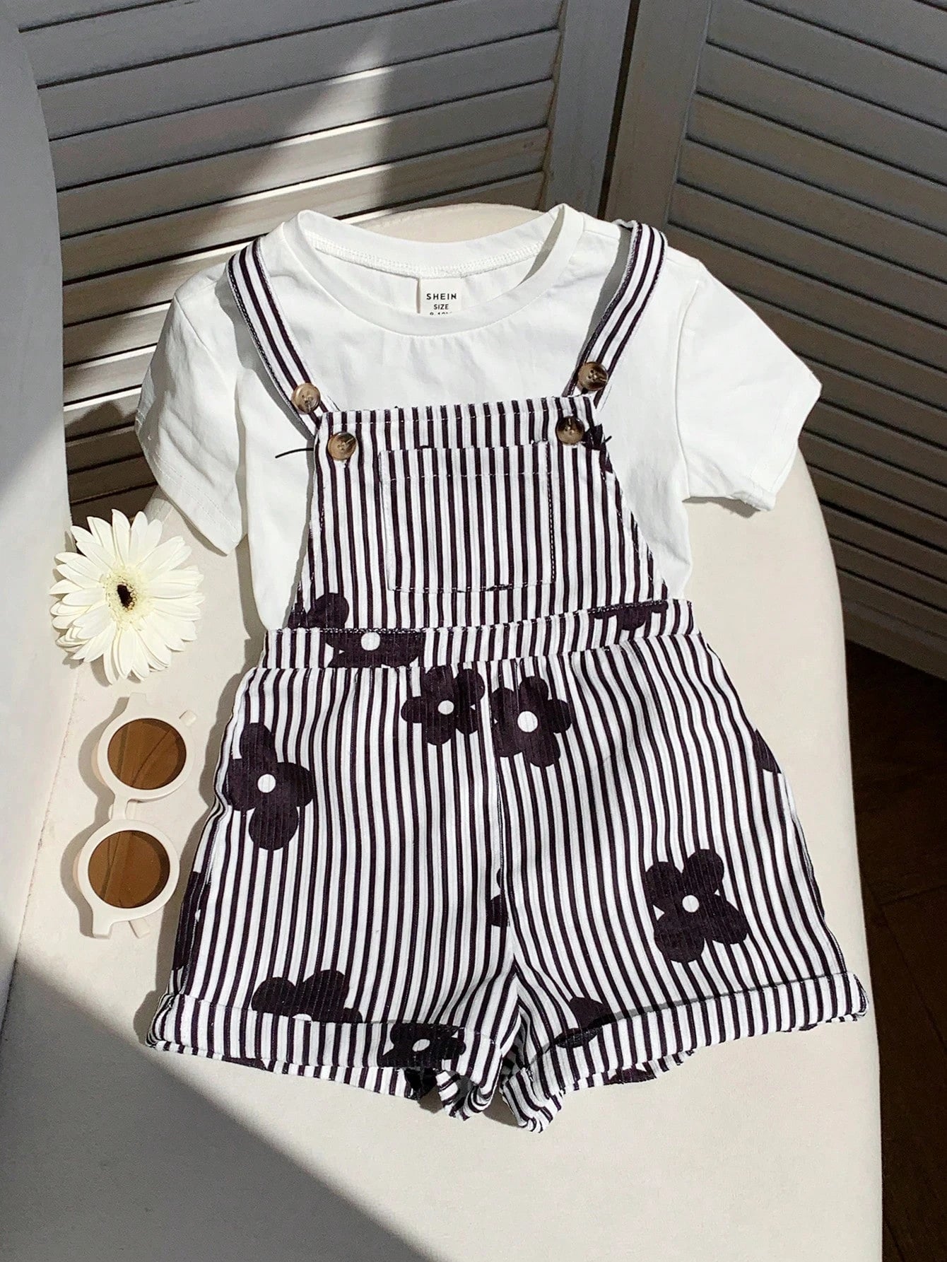 LMoss Kids Baby Girl Woven Striped Floral Print Suspender Romper