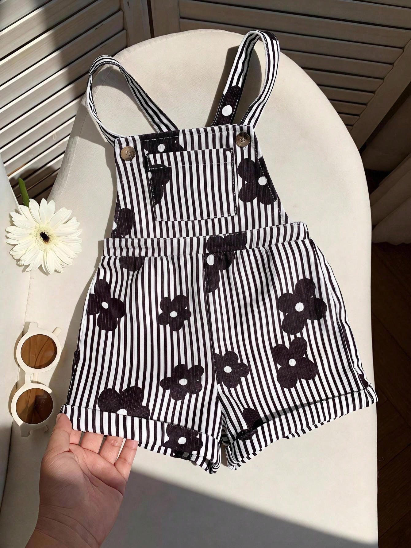 LMoss Kids Baby Girl Woven Striped Floral Print Suspender Romper