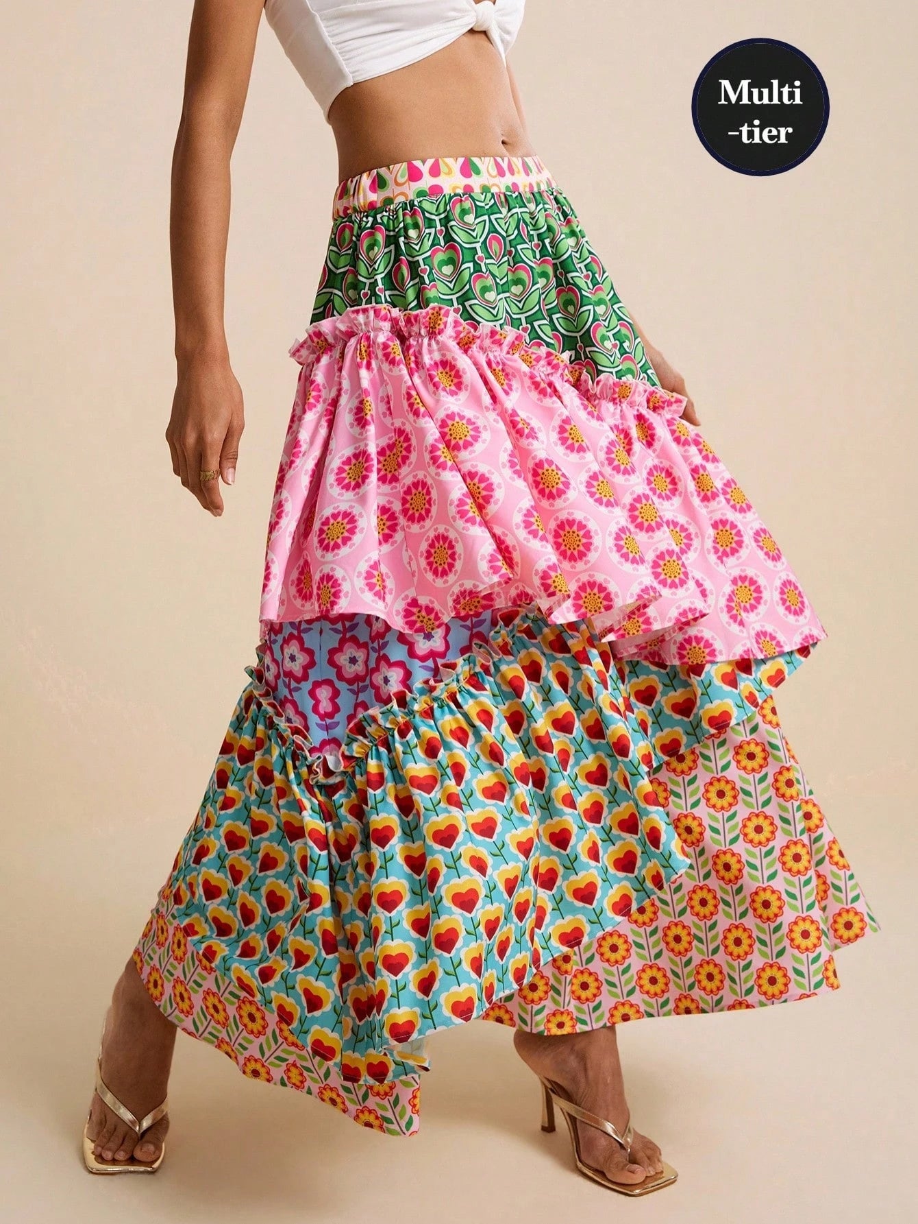 LOTSLUV Women's Pink Floral Floral Patchwork Tiered A-Line Skirt,Summer Casual Party Beach Vacation Holiday Elegant Asymmetric Hippie Boho Floral Print Skirts