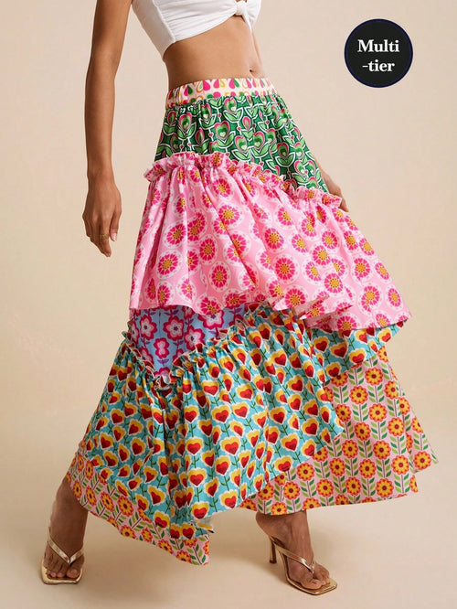 LOTSLUV Women's Pink Floral Floral Patchwork Tiered A-Line Skirt,Summer Casual Party Beach Vacation Holiday Elegant Asymmetric Hippie Boho Floral Print Skirts