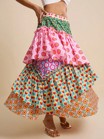 LOTSLUV Women's Pink Floral Floral Patchwork Tiered A-Line Skirt,Summer Casual Party Beach Vacation Holiday Elegant Asymmetric Hippie Boho Floral Print Skirts