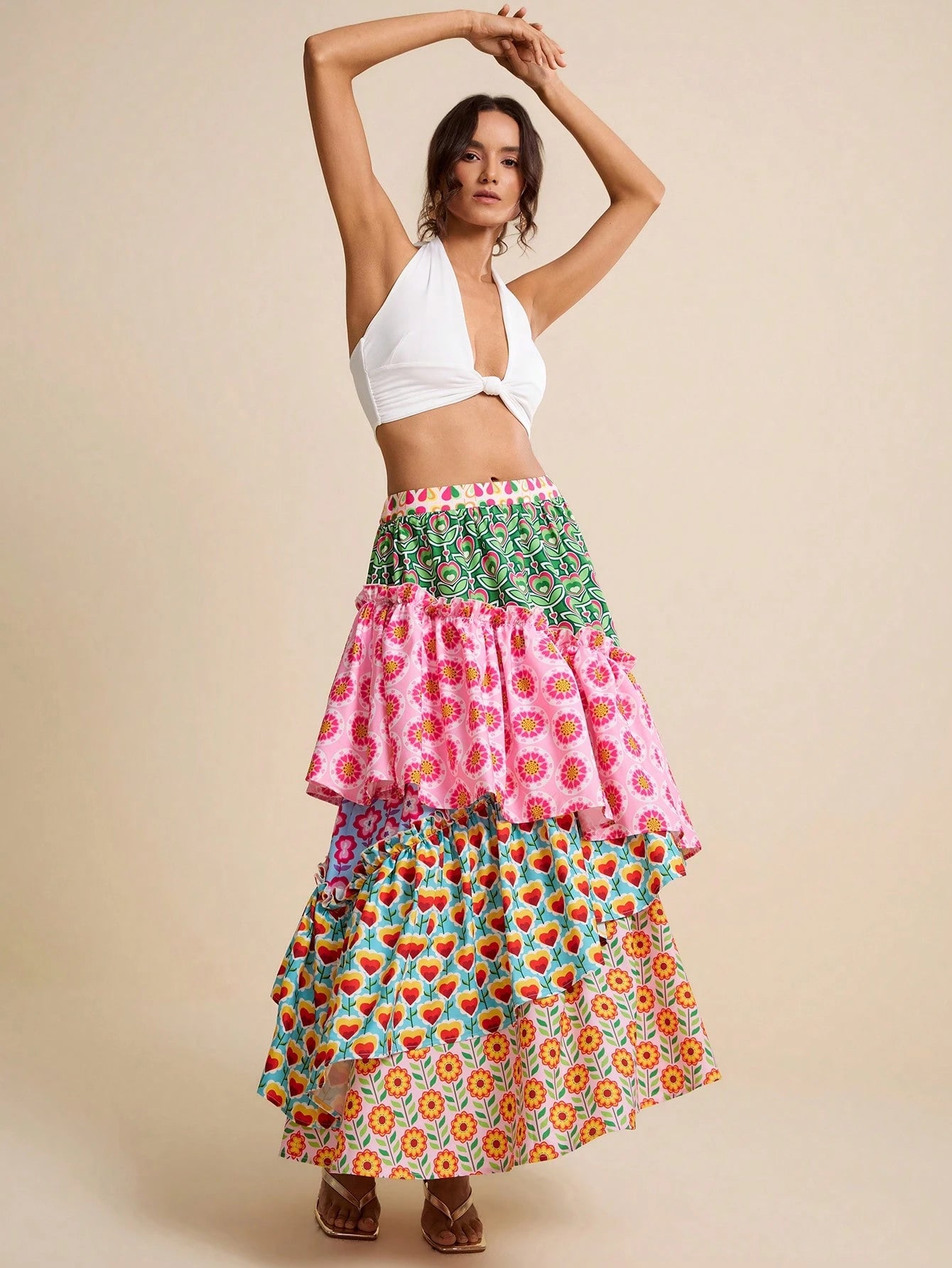 LOTSLUV Women's Pink Floral Floral Patchwork Tiered A-Line Skirt,Summer Casual Party Beach Vacation Holiday Elegant Asymmetric Hippie Boho Floral Print Skirts