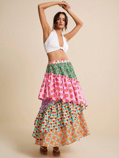 LOTSLUV Women's Pink Floral Floral Patchwork Tiered A-Line Skirt,Summer Casual Party Beach Vacation Holiday Elegant Asymmetric Hippie Boho Floral Print Skirts