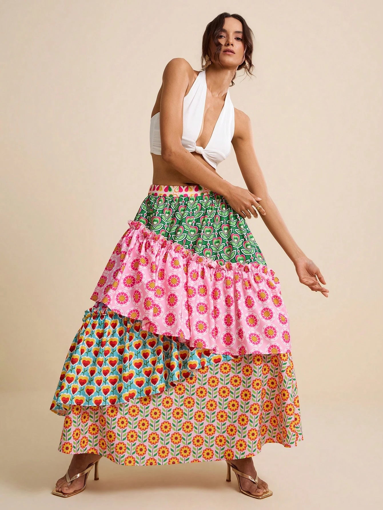 LOTSLUV Women's Pink Floral Floral Patchwork Tiered A-Line Skirt,Summer Casual Party Beach Vacation Holiday Elegant Asymmetric Hippie Boho Floral Print Skirts