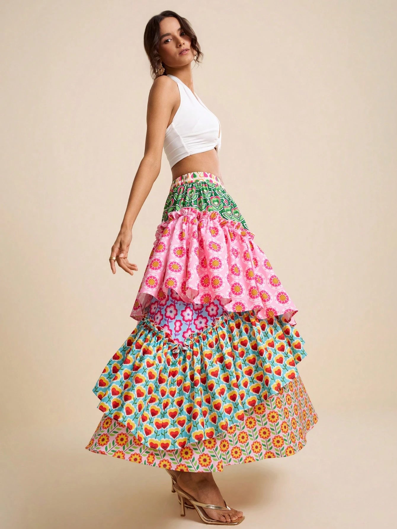 LOTSLUV Women's Pink Floral Floral Patchwork Tiered A-Line Skirt,Summer Casual Party Beach Vacation Holiday Elegant Asymmetric Hippie Boho Floral Print Skirts