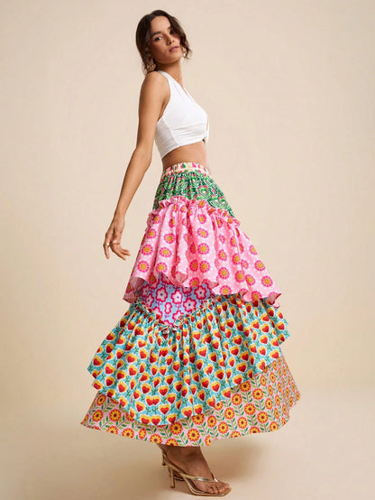 LOTSLUV Women's Pink Floral Floral Patchwork Tiered A-Line Skirt,Summer Casual Party Beach Vacation Holiday Elegant Asymmetric Hippie Boho Floral Print Skirts