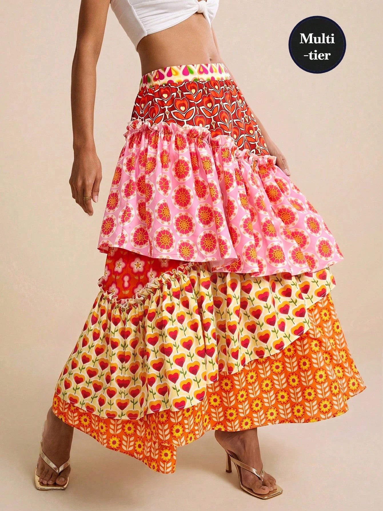 LOTSLUV Women's Pink Floral Floral Patchwork Tiered A-Line Skirt,Summer Casual Party Beach Vacation Holiday Elegant Asymmetric Hippie Boho Floral Print Skirts