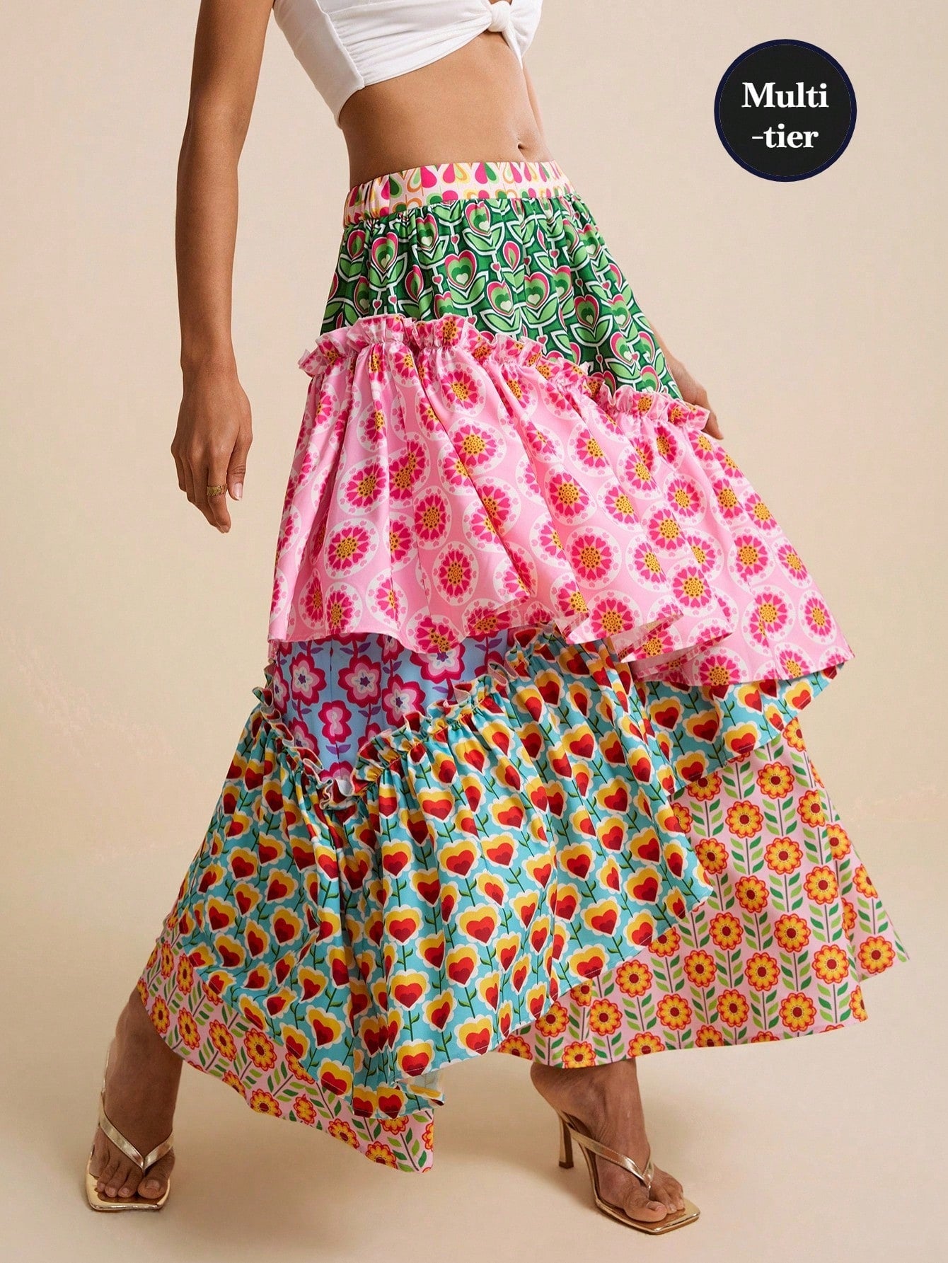 LOTSLUV Women's Pink Floral Floral Patchwork Tiered A-Line Skirt,Summer Casual Party Beach Vacation Holiday Elegant Asymmetric Hippie Boho Floral Print Skirts