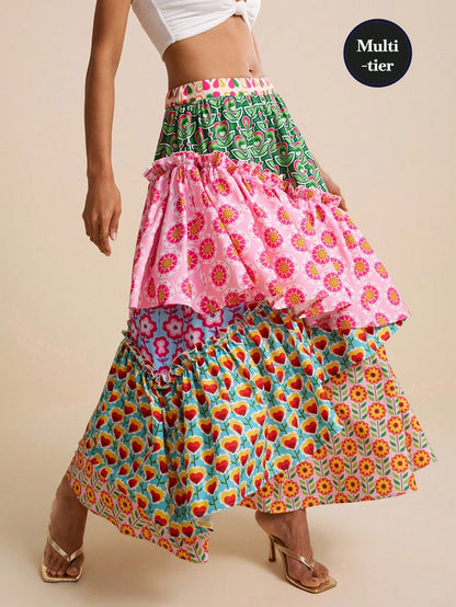 LOTSLUV Women's Pink Floral Floral Patchwork Tiered A-Line Skirt,Summer Casual Party Beach Vacation Holiday Elegant Asymmetric Hippie Boho Floral Print Skirts