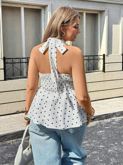 Lounesse Plus Size Women V-Neck Polka Dot Design Fashion Tie-Up Waist Flared Hem Sleeveless Blouse, White Base With Black Dots, Summer Tops Vacation Evening