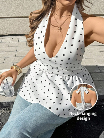 Lounesse Plus Size Women V-Neck Polka Dot Design Fashion Tie-Up Waist Flared Hem Sleeveless Blouse, White Base With Black Dots, Summer Tops Vacation Evening