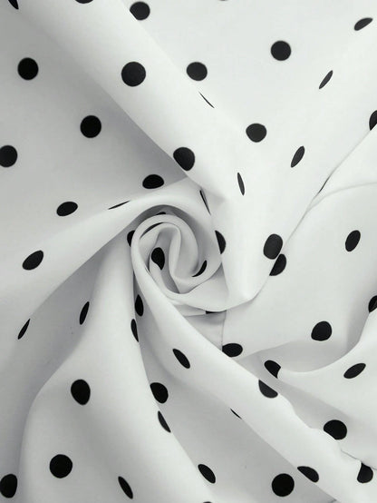 Lounesse Plus Size Women V-Neck Polka Dot Design Fashion Tie-Up Waist Flared Hem Sleeveless Blouse, White Base With Black Dots, Summer Tops Vacation Evening