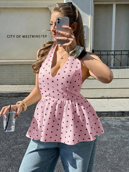 Lounesse Plus Size Women V-Neck Polka Dot Design Fashion Tie-Up Waist Flared Hem Sleeveless Blouse, White Base With Black Dots, Summer Tops Vacation Evening