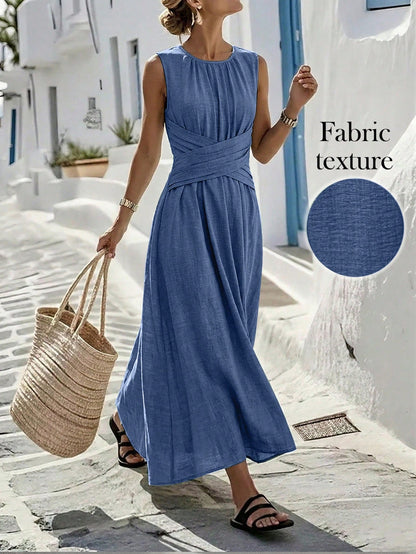 Louniche Women's Aqua Blue Summer Casual Holiday Vacation Holiday Sleeveless Dress,Criss-Cross Waist Design Elegant Minimalist Style Daily Afternoon Tea Wear