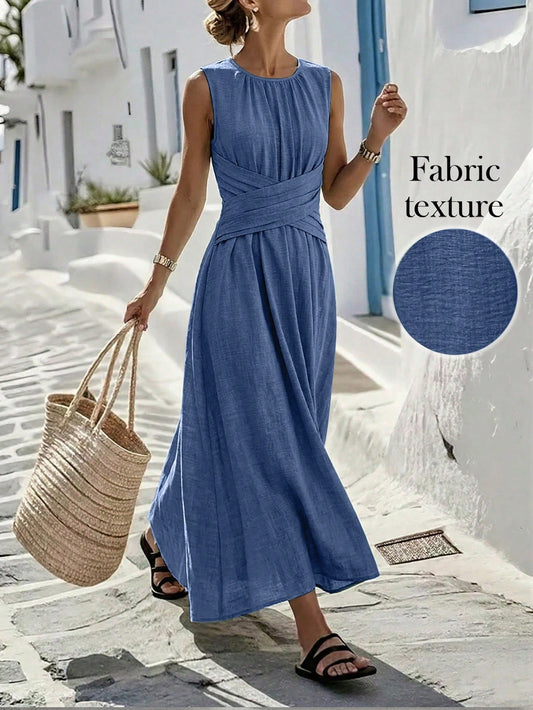 Louniche Women's Aqua Blue Summer Casual Holiday Vacation Holiday Sleeveless Dress,Criss-Cross Waist Design Elegant Minimalist Style Daily Afternoon Tea Wear