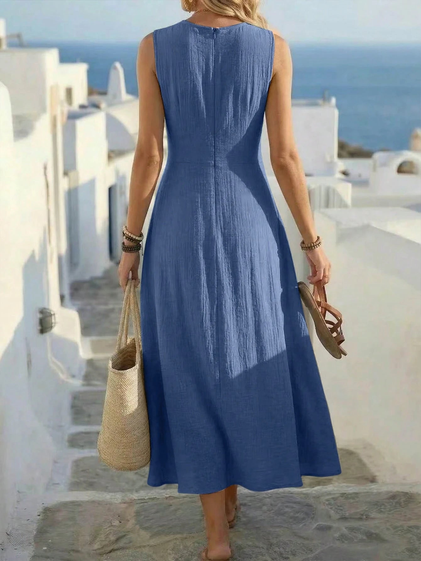 Louniche Women's Aqua Blue Summer Casual Holiday Vacation Holiday Sleeveless Dress,Criss-Cross Waist Design Elegant Minimalist Style Daily Afternoon Tea Wear