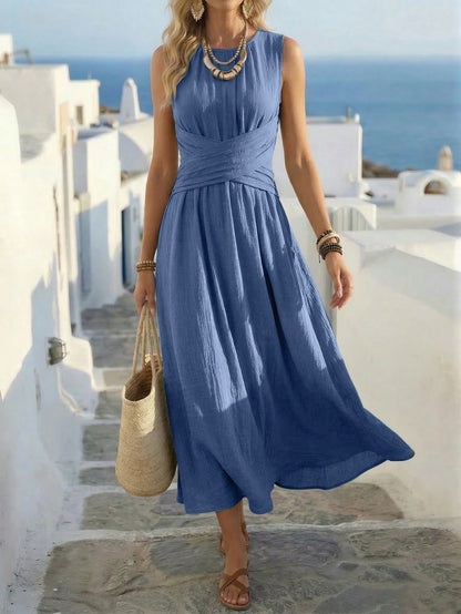 Louniche Women's Aqua Blue Summer Casual Holiday Vacation Holiday Sleeveless Dress,Criss-Cross Waist Design Elegant Minimalist Style Daily Afternoon Tea Wear