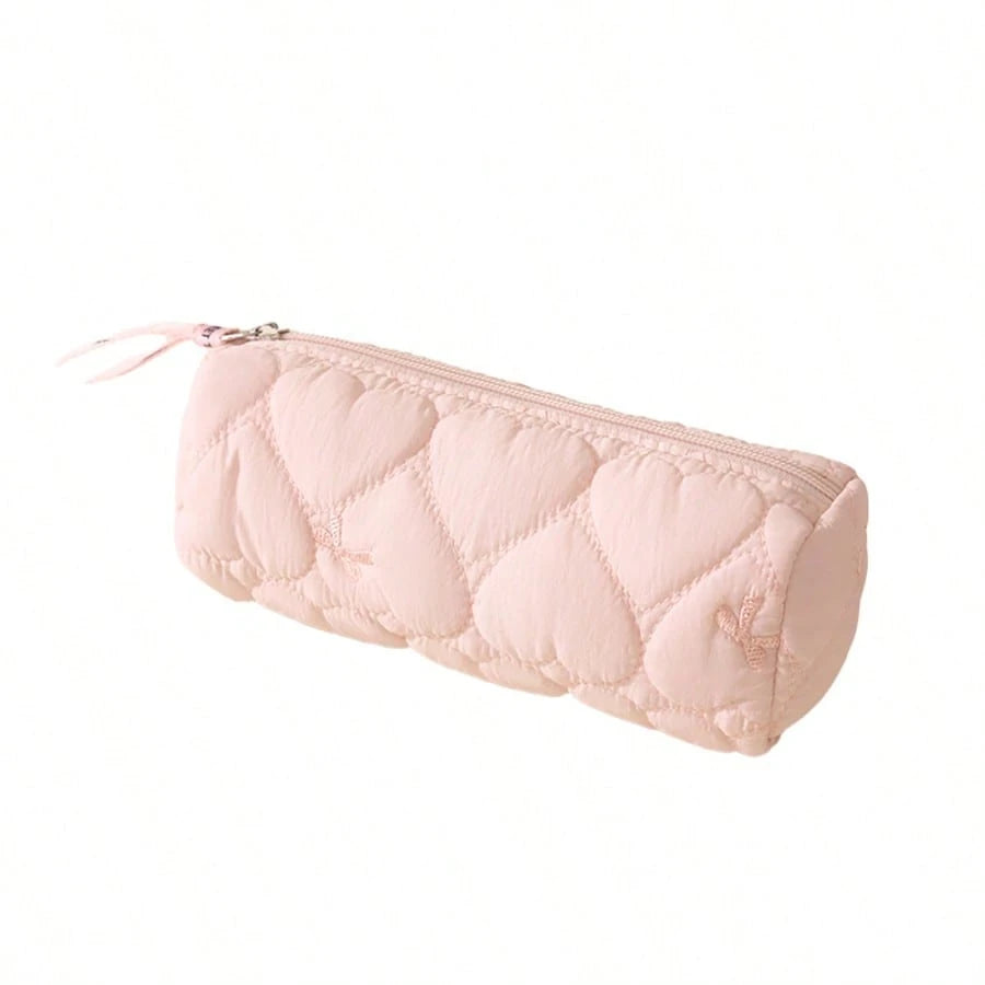 Love Bow Multifunctional Cylindrical Storage Bag, Cosmetic Organizer, Student Pencil Case, Portable Travel Makeup Bag