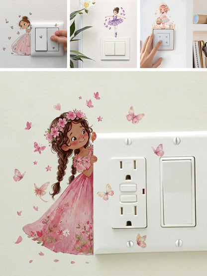 Lovely Little Girl PVC Wall Stickers Easy Install, Pretty Switch Decor For Kids Room & Kindergarten