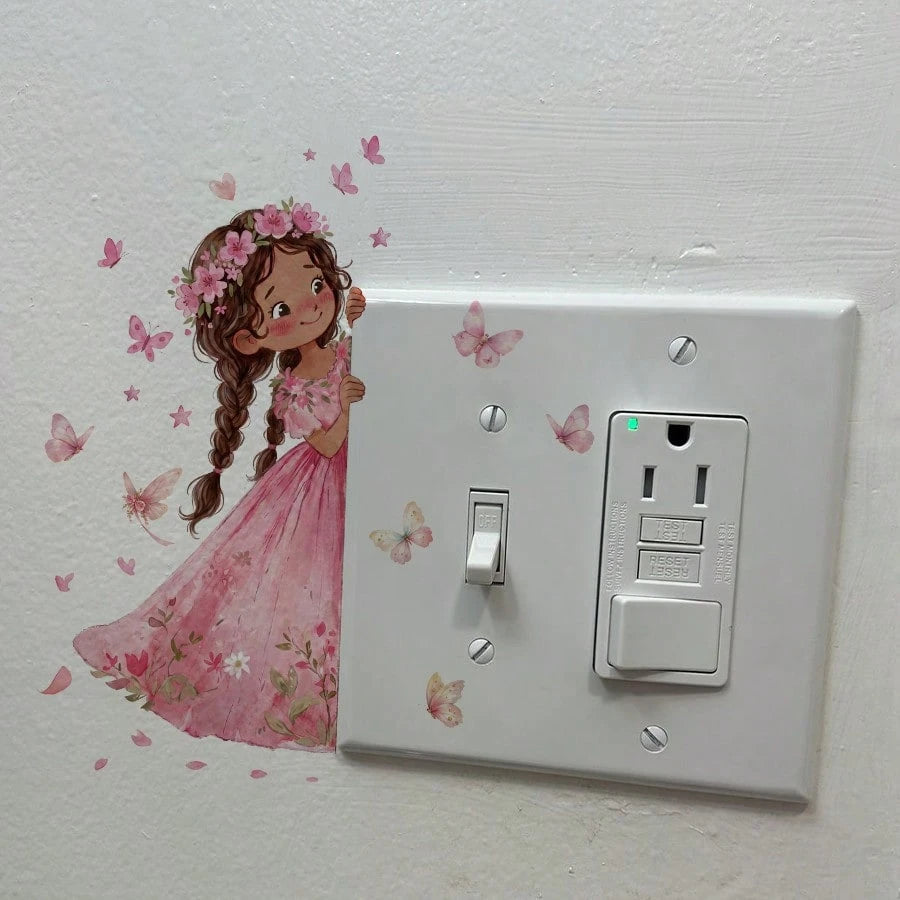 Lovely Little Girl PVC Wall Stickers Easy Install, Pretty Switch Decor For Kids Room & Kindergarten