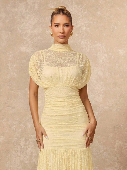 Lumalex Women's Elegant Summer Pale Yellow Lace Dress,Tea Party Gender Reveal Wedding Guest Formal Graduation Soiree Beach Quiet Luxury Striking Party Flair
