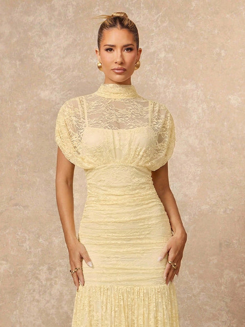 Lumalex Women's Elegant Summer Pale Yellow Lace Dress,Tea Party Gender Reveal Wedding Guest Formal Graduation Soiree Beach Quiet Luxury Striking Party Flair